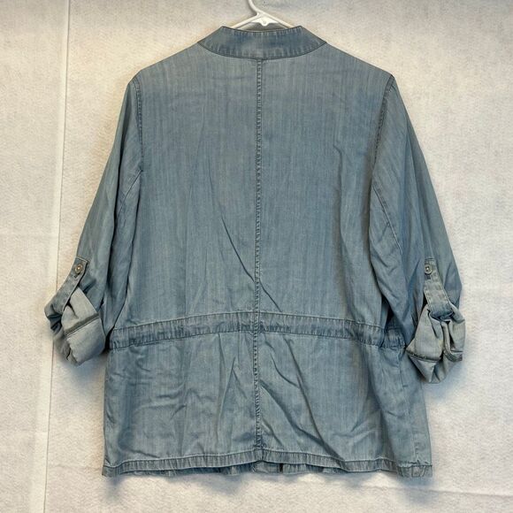 CHICO'S Shirt Womens Size 2 Blue Chambray Roll Tab Sleeve Button Down Drawstring - Picture 11 of 14